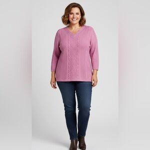 Dong Sen Wool Blend Pink Shimmery V-neck  Ling-Sleeved Sweater, Size XL